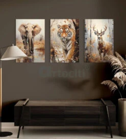 3-Piece Elephant, Deer, And Tiger Jungle Canvas Set(Wildlife Majesty 3 Piece Elephant Deer And Tiger Jungle Canvas Set)