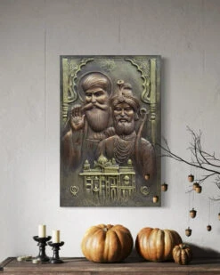 3X2 Feet Guru Nanak And Guru Gobind Singh 3D Relief Mural Wall Art(Guru Nanak And Guru Gobind Singh 3d Relief Mural Wall Art Ready To Hang) -Artociti Sale Store 3x2 feet guru nanak and gobind singh 3d relief mural wall art unframed goldbronze golden temple 296