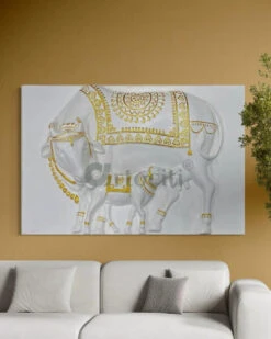 3X2 Feet Kamdhenu The Sacred Cow 3d Relief Mural(3x2 Feet Kamdhenu The Sacred Cow 3d Relief Mural) -Artociti Sale Store 3x2 feet kamdhenu the sacred cow 3d relief mural 2x3 unframe white with golden highlight 490