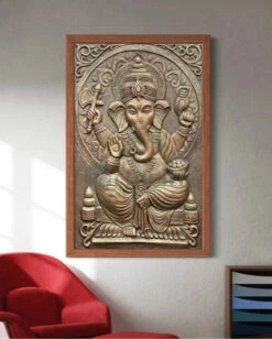 3x2 Feet Sitting Ganesha Relief Mural Wall Art(3d Ganesha Painting Relief Mural Golden) -Artociti Sale Store 3x2 feet sitting ganesha relief mural wall art bronze patina framed decor 620