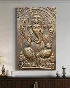 3x2 Feet Sitting Ganesha Relief Mural Wall Art(3d Ganesha Painting Relief Mural Golden) -Artociti Sale Store 3x2 feet sitting ganesha relief mural wall art bronze patina unframed ready to hang decor 400