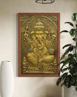 3x2 Feet Sitting Ganesha Relief Mural Wall Art(3d Ganesha Painting Relief Mural Golden)