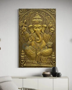 3x2 Feet Sitting Ganesha Relief Mural Wall Art(3d Ganesha Painting Relief Mural Golden) -Artociti Sale Store 3x2 feet sitting ganesha relief mural wall art decor 940