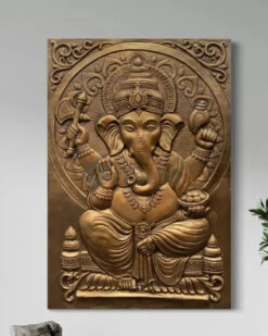 3x2 Feet Sitting Ganesha Relief Mural Wall Art(3d Ganesha Painting Relief Mural Golden) -Artociti Sale Store 3x2 feet sitting ganesha relief mural wall art decor 957