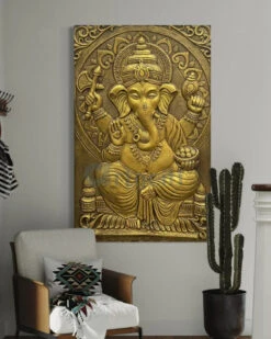 3x2 Feet Sitting Ganesha Relief Mural Wall Art(3d Ganesha Painting Relief Mural Golden) -Artociti Sale Store 3x2 feet sitting ganesha relief mural wall art golden unframed ready to hang decor 486