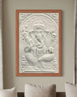 3x2 Feet Sitting Ganesha Relief Mural Wall Art(3d Ganesha Painting Relief Mural Golden) -Artociti Sale Store 3x2 feet sitting ganesha relief mural wall art white framed decor 787
