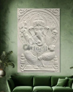 3x2 Feet Sitting Ganesha Relief Mural Wall Art(3d Ganesha Painting Relief Mural Golden) -Artociti Sale Store 3x2 feet sitting ganesha relief mural wall art white unframed ready to hang decor 396