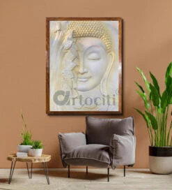 4x3 Feet Large Size 3D Buddha With Green Leaves Relief Mural Wall Art(4x3 Feet Large Size 3d Buddha Relief Mural Wall Art Ready To Hang) -Artociti Sale Store 4x3 feet large size 3d buddha with green leaves relief mural wall art cream yellow framed ready to hang decor 856