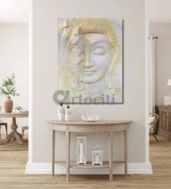 4x3 Feet Large Size 3D Buddha With Green Leaves Relief Mural Wall Art(4x3 Feet Large Size 3d Buddha Relief Mural Wall Art Ready To Hang) -Artociti Sale Store 4x3 feet large size 3d buddha with green leaves relief mural wall art cream yellow frameless ready to hang decor 172