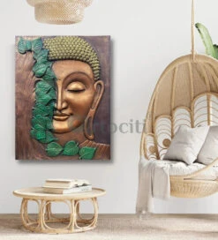 4x3 Feet Large Size 3D Buddha With Green Leaves Relief Mural Wall Art(4x3 Feet Large Size 3d Buddha Relief Mural Wall Art Ready To Hang) -Artociti Sale Store 4x3 feet large size 3d buddha with green leaves relief mural wall art decor 206