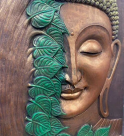 4x3 Feet Large Size 3D Buddha With Green Leaves Relief Mural Wall Art(4x3 Feet Large Size 3d Buddha Relief Mural Wall Art Ready To Hang) -Artociti Sale Store 4x3 feet large size 3d buddha with green leaves relief mural wall art decor 396