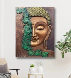 4x3 Feet Large Size 3D Buddha With Green Leaves Relief Mural Wall Art(4x3 Feet Large Size 3d Buddha Relief Mural Wall Art Ready To Hang)