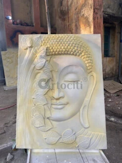 4x3 Feet Large Size 3D Buddha With Green Leaves Relief Mural Wall Art(4x3 Feet Large Size 3d Buddha Relief Mural Wall Art Ready To Hang) -Artociti Sale Store 4x3 feet large size 3d buddha with green leaves relief mural wall art decor 997