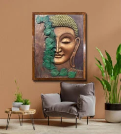 4x3 Feet Large Size 3D Buddha With Green Leaves Relief Mural Wall Art(4x3 Feet Large Size 3d Buddha Relief Mural Wall Art Ready To Hang) -Artociti Sale Store 4x3 feet large size 3d buddha with green leaves relief mural wall art golden bronze and framed ready to hang decor 503