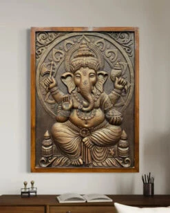 4x3 Feet Sitting Ganesha 3D Elevation Relief Mural Wall Art(Large Size 4x3 Feet Lord Ganesha 3d Elevation Relief Mural Wall Art) -Artociti Sale Store 4x3 feet sitting ganesha 3d elevation relief mural wall art bronze framed decor 986