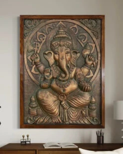 4x3 Feet Sitting Ganesha 3D Elevation Relief Mural Wall Art(Large Size 4x3 Feet Lord Ganesha 3d Elevation Relief Mural Wall Art) -Artociti Sale Store 4x3 feet sitting ganesha 3d elevation relief mural wall art bronze patina framed decor 528