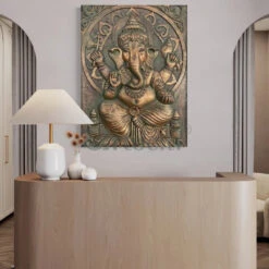 4x3 Feet Sitting Ganesha 3D Elevation Relief Mural Wall Art(Large Size 4x3 Feet Lord Ganesha 3d Elevation Relief Mural Wall Art) -Artociti Sale Store 4x3 feet sitting ganesha 3d elevation relief mural wall art bronze patina frameless ready to hang decor 195