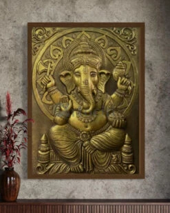 4x3 Feet Sitting Ganesha 3D Elevation Relief Mural Wall Art(Large Size 4x3 Feet Lord Ganesha 3d Elevation Relief Mural Wall Art) -Artociti Sale Store 4x3 feet sitting ganesha 3d elevation relief mural wall art golden framed decor 801