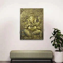 4x3 Feet Sitting Ganesha 3D Elevation Relief Mural Wall Art(Large Size 4x3 Feet Lord Ganesha 3d Elevation Relief Mural Wall Art) -Artociti Sale Store 4x3 feet sitting ganesha 3d elevation relief mural wall art golden frameless ready to hang decor 434