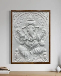 4x3 Feet Sitting Ganesha 3D Elevation Relief Mural Wall Art(Large Size 4x3 Feet Lord Ganesha 3d Elevation Relief Mural Wall Art) -Artociti Sale Store 4x3 feet sitting ganesha 3d elevation relief mural wall art white framed decor 506