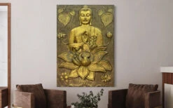 5X3.5 Feet Blessing Buddha With Lotus 3D Relief Mural(4 5x3 Feet Blessing Buddha With Lotus 3d Relief Mural) -Artociti Sale Store 5x3 5 feet blessing buddha with lotus 3d relief mural golden wall decor 711