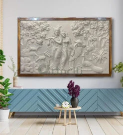 5x3 Feet Radha Krishna 3D Elevation Sculpture Relief Mural Wall Art(Large Size 5x3 Feet Radha Krishna 3d Elevation Sculpture Relief Mural Wall Art) -Artociti Sale Store 5x3 feet radha krishna 3d elevation sculpture relief mural wall art white framed ready to hang 981