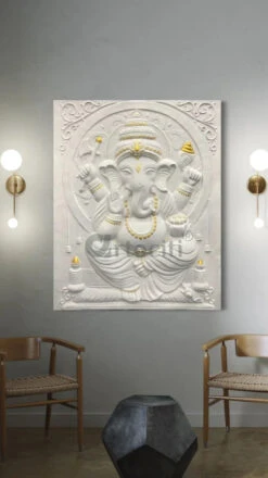 5X4 Feet Sitting Ganesha 3D Relief Mural Wall Art(5x4 Feet Large Size 3d Ganesha Relief Mural) -Artociti Sale Store 5x4 feet sitting ganesha 3d relief mural wall art left facing trunk white with golden highlight 333