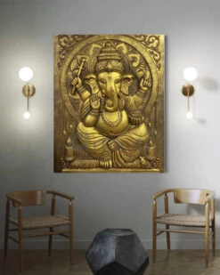 5X4 Feet Sitting Ganesha 3D Relief Mural Wall Art(5x4 Feet Large Size 3d Ganesha Relief Mural) -Artociti Sale Store 5x4 feet sitting ganesha 3d relief mural wall art right facing trunk golden 385