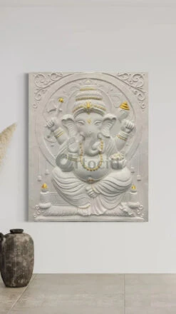 5X4 Feet Sitting Ganesha 3D Relief Mural Wall Art(5x4 Feet Large Size 3d Ganesha Relief Mural) -Artociti Sale Store 5x4 feet sitting ganesha 3d relief mural wall art right facing trunk white with golden highlight 479