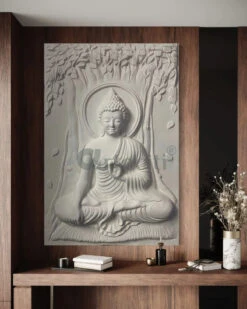 Bhumisparsha Mudra Buddha 3D Relief Mural(Bhumisparsha Mudra Buddha 3d Relief Mural Wall Art Ready To Hang) -Artociti Sale Store bhumisparsha mudra buddha 3d relief mural white wall decor 397