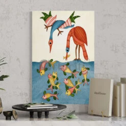 Birds And Fish Gond Art Canvas Print(Aquatic Serenade Birds And Fish Gond Art Canvas Print Dive Into Tribal Elegance) -Artociti Sale Store birds and fish gond art canvas print 30x20 inches 879