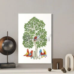 Birds Under The Tree Gond Art PrintVibrant Giclee Canvas(Avian Serenity Birds Under The Tree Gond Art Print Vibrant Giclee Canvas 24x16 30x20 Inches)