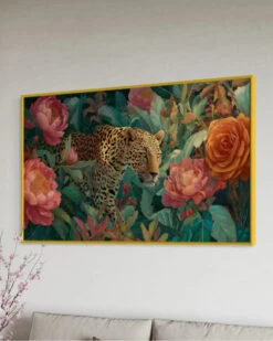Bold Leopard In Bloom Modern Abstract Jungle Canvas Painting(Bold Leopard In Bloom Modern Abstract Jungle Canvas Painting) -Artociti Sale Store bold leopard in bloom modern abstract jungle canvas painting 60x36 inches floating frame golden 628