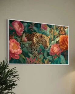 Bold Leopard In Bloom Modern Abstract Jungle Canvas Painting(Bold Leopard In Bloom Modern Abstract Jungle Canvas Painting) -Artociti Sale Store bold leopard in bloom modern abstract jungle canvas painting 60x36 inches floating frame white 782