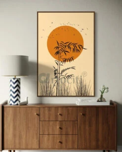 Bright Sunset Bamboo Silhouette & Autumn Birds Boho Chic Canvas Painting(Bright Sunset Bamboo Silhouette Autumn Birds Boho Chic Canvas Painting)
