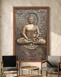 BUDDHA On Lotus In 3x2 Feet 3D Relief Mural Wall Art(Meditating Buddha Relief Mural 02)
