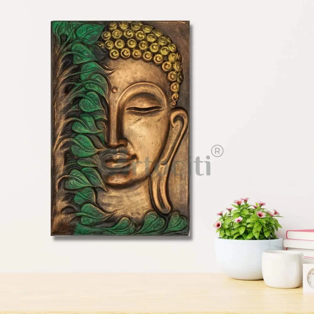Buddha With Green Leaves 19x12 Inches Relief Mural Wall Art(Buddha Face Relief Mural Wall Art Bud 05 Bgg) 4 Buddha With Green Leaves 19x12 Inches Relief Mural Wall Art(Buddha Face Relief Mural Wall Art Bud 05 Bgg) - Image 2