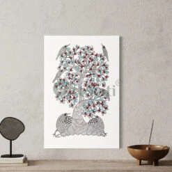 Carnival Of Bird Sitting In Tree Gond Art Painting(Carnival Of Bird Sitting In Tree On Gond Art Painting Gond Tribal Folk Art Ready To Hang)