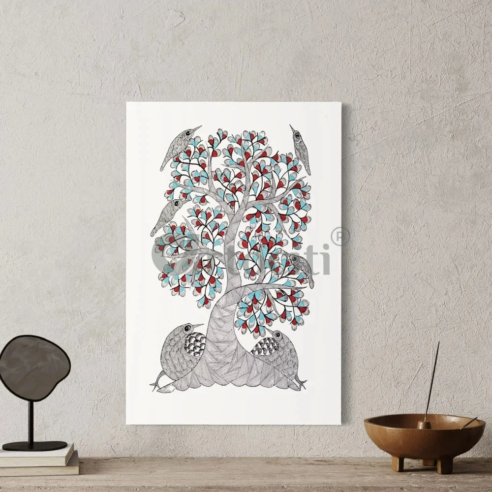 Carnival Of Bird Sitting In Tree Gond Art Painting(Carnival Of Bird Sitting In Tree On Gond Art Painting Gond Tribal Folk Art Ready To Hang) 3 Carnival Of Bird Sitting In Tree Gond Art Painting(Carnival Of Bird Sitting In Tree On Gond Art Painting Gond Tribal Folk Art Ready To Hang)