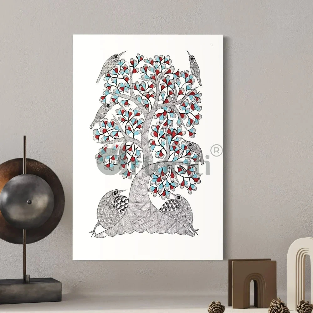 Carnival Of Bird Sitting In Tree Gond Art Painting(Carnival Of Bird Sitting In Tree On Gond Art Painting Gond Tribal Folk Art Ready To Hang) 4 Carnival Of Bird Sitting In Tree Gond Art Painting(Carnival Of Bird Sitting In Tree On Gond Art Painting Gond Tribal Folk Art Ready To Hang) - Image 2