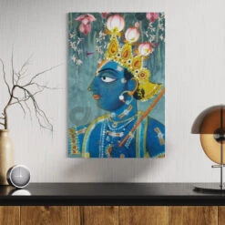Classic Traditional Blue Yellow Lord Shreenath Ji Pichwai Canvas Print(Eternal Bliss Classic Traditional Blue Yellow Lord Shreenath Ji Pichwai Canvas Print Timeless Artistry In 380 Gsm)