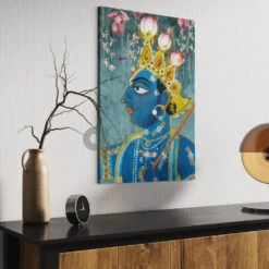 Classic Traditional Blue Yellow Lord Shreenath Ji Pichwai Canvas Print(Eternal Bliss Classic Traditional Blue Yellow Lord Shreenath Ji Pichwai Canvas Print Timeless Artistry In 380 Gsm) -Artociti Sale Store classic traditional blue yellow lord shreenath ji pichwai canvas print 30x20 inches 298