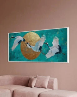 Crane Birds With Golden Sun Modern Abstract Giclee Canvas Prints(Crane Birds With Golden Sun Modern Abstract Giclee Canvas Prints)