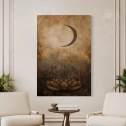 Crescent Moon & Lotus Canvas Giclée Print Modern Abstract Painting(Crescent Moon Lotus Canvas Giclee Print Modern Abstract Painting)