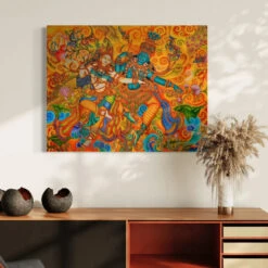 Dancing Radha Krishna Kerala Mural Canvas Print(Dancing Radha Krishna Kerala Mural Canvas Print 380 Gsm Divine Love)