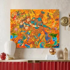 Dancing Radha Krishna Kerala Mural Canvas Print(Dancing Radha Krishna Kerala Mural Canvas Print 380 Gsm Divine Love) -Artociti Sale Store dancing radha krishna kerala mural canvas print 32x41 inches 599