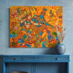 Dancing Radha Krishna Kerala Mural Canvas Print(Dancing Radha Krishna Kerala Mural Canvas Print 380 Gsm Divine Love) -Artociti Sale Store dancing radha krishna kerala mural canvas print 878