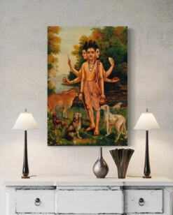 Dattatreya With His Four Dogs And Cow By Raja Ravi Varma Famous Canvas Painting(Dattatreya With His Four Dogs And Cow By Raja Ravi Varma Famous Canvas Painting) -Artociti Sale Store dattatreya with his four dogs and cow by raja ravi varma famous canvas painting 12x18 inches verma 836