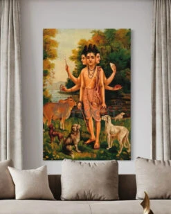 Dattatreya With His Four Dogs And Cow By Raja Ravi Varma Famous Canvas Painting(Dattatreya With His Four Dogs And Cow By Raja Ravi Varma Famous Canvas Painting) -Artociti Sale Store dattatreya with his four dogs and cow by raja ravi varma famous canvas painting verma 761