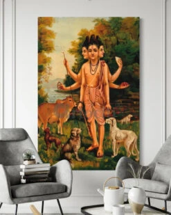 Dattatreya With His Four Dogs And Cow By Raja Ravi Varma Famous Canvas Painting(Dattatreya With His Four Dogs And Cow By Raja Ravi Varma Famous Canvas Painting)